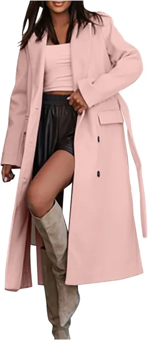 Women's Wool Blend Coat Oversized Long Coats Casual Winter Warm Double Breasted Pea Coat Jackets Outerwear with Belt