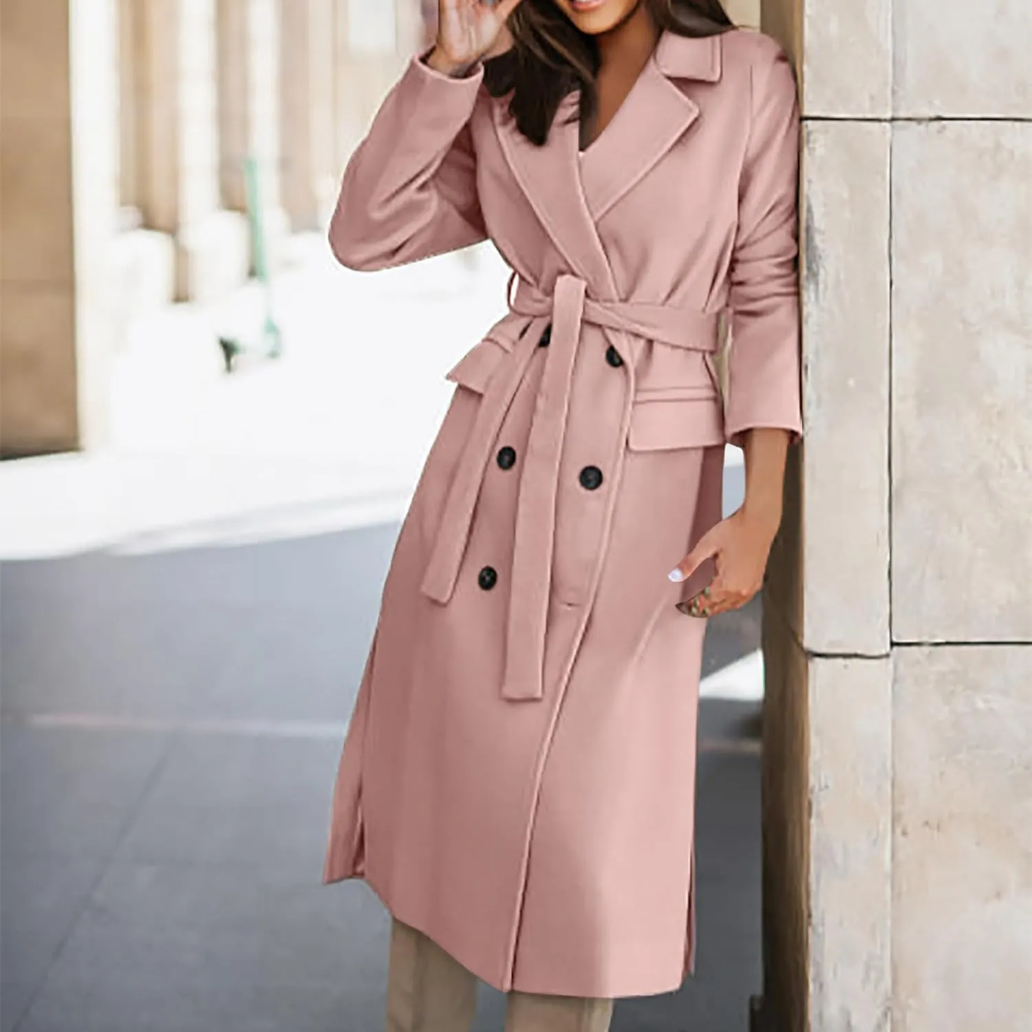 Women's Wool Blend Coat Oversized Long Coats Casual Winter Warm Double Breasted Pea Coat Jackets Outerwear with Belt