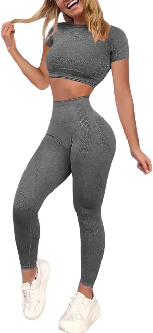 Women's Workout Outfit 2 Pieces Seamless High Waist Yoga Leggings with Long Sleeve Crop Top Gym Clothes Set
