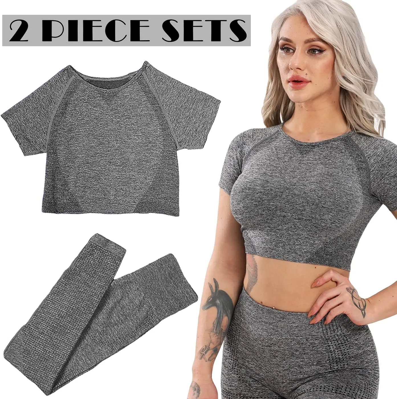 Women's Workout Outfit 2 Pieces Seamless High Waist Yoga Leggings with Long Sleeve Crop Top Gym Clothes Set