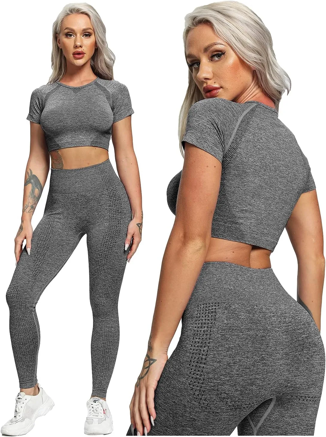 Women's Workout Outfit 2 Pieces Seamless High Waist Yoga Leggings with Long Sleeve Crop Top Gym Clothes Set