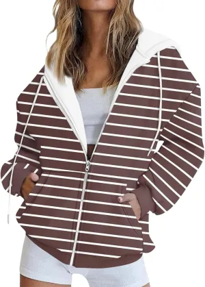Womens Zip Up Hoodies Casual Color Block Jackets Stripe Drawstring Hooded Long Sleeve Sweatshirts