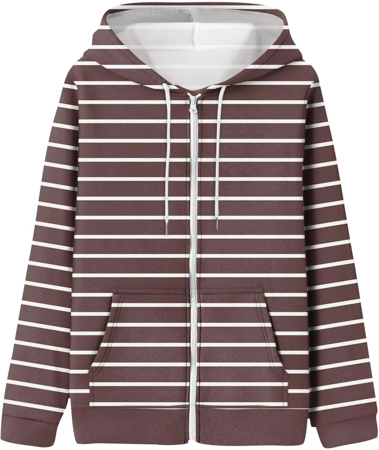 Womens Zip Up Hoodies Casual Color Block Jackets Stripe Drawstring Hooded Long Sleeve Sweatshirts