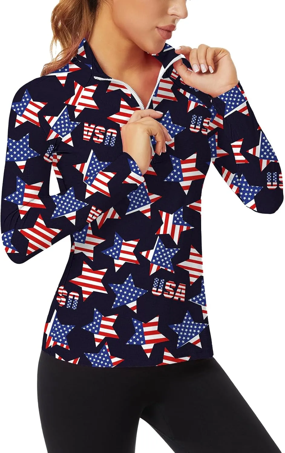 WOWENY Women's Long Sleeve Athletic Shirts Quarter Zip Pullover Collared T-Shirt Workout Print Tennis Top