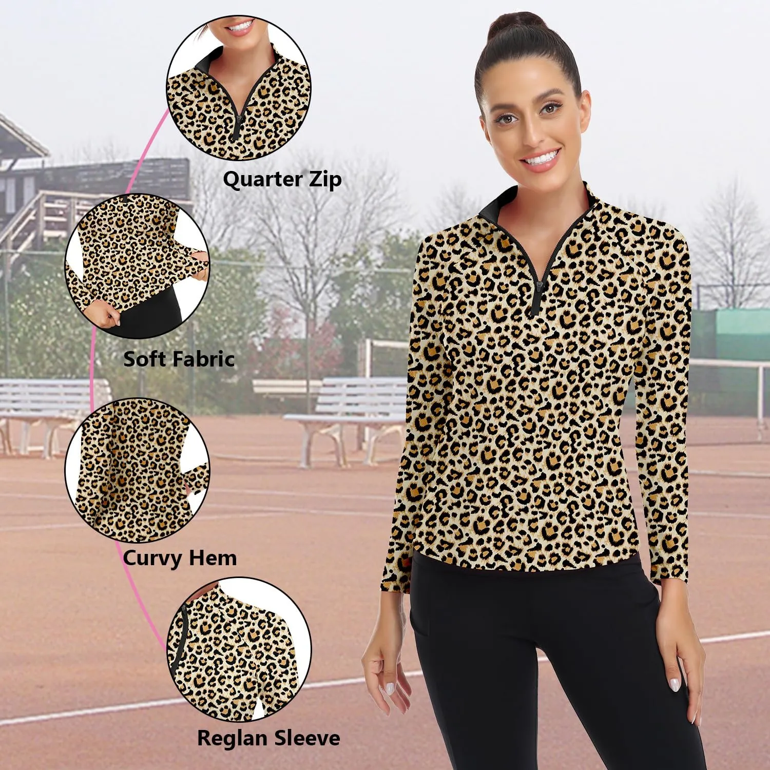 WOWENY Women's Long Sleeve Athletic Shirts Quarter Zip Pullover Collared T-Shirt Workout Print Tennis Top