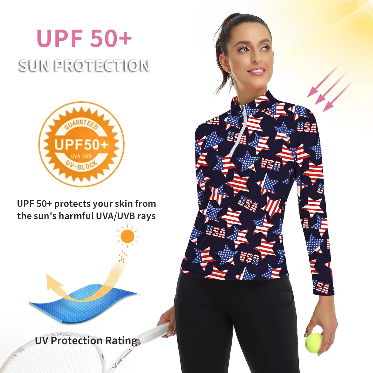 WOWENY Women's Long Sleeve Athletic Shirts Quarter Zip Pullover Collared T-Shirt Workout Print Tennis Top