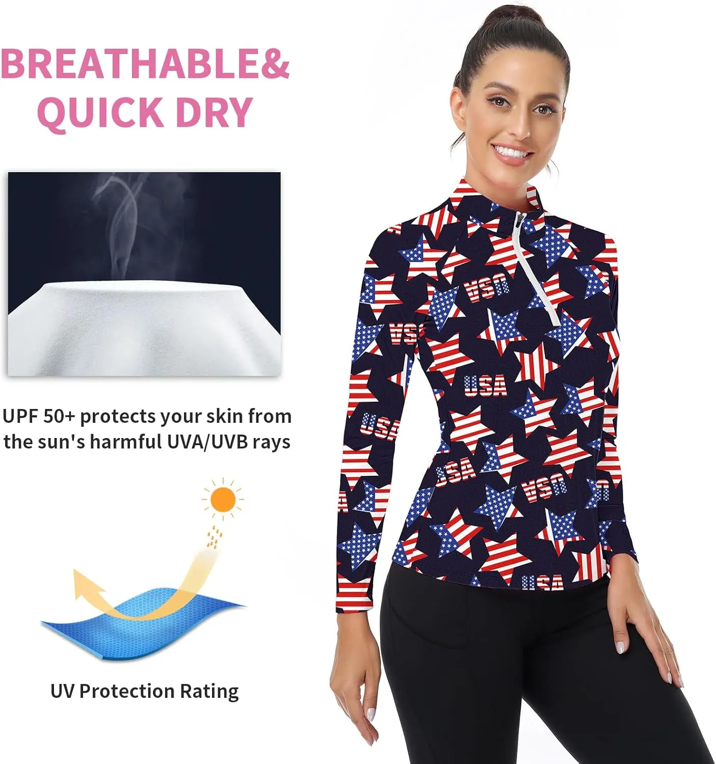 WOWENY Women's Long Sleeve Athletic Shirts Quarter Zip Pullover Collared T-Shirt Workout Print Tennis Top