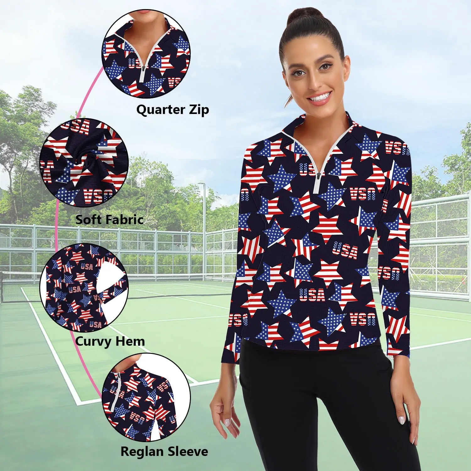 WOWENY Women's Long Sleeve Athletic Shirts Quarter Zip Pullover Collared T-Shirt Workout Print Tennis Top