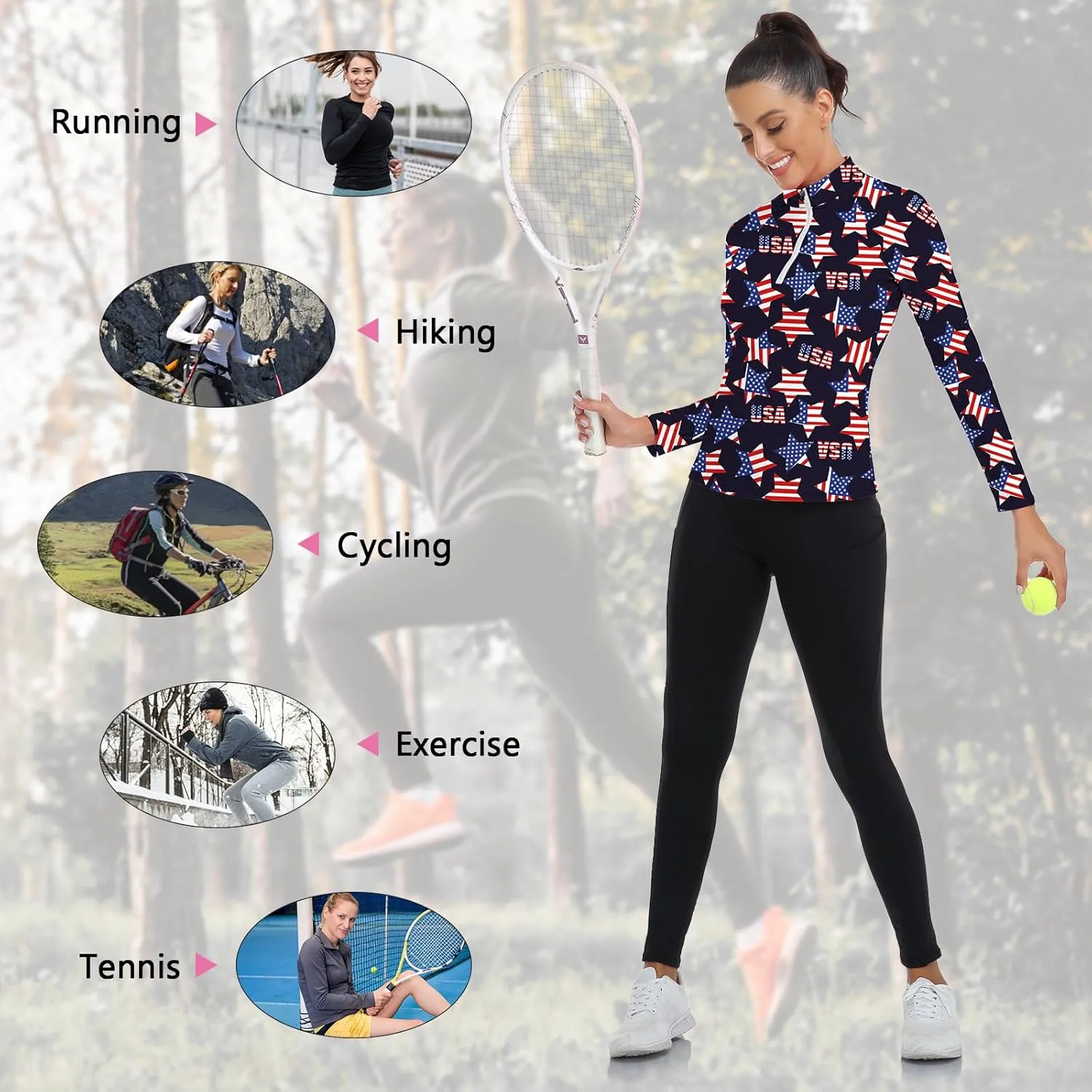 WOWENY Women's Long Sleeve Athletic Shirts Quarter Zip Pullover Collared T-Shirt Workout Print Tennis Top