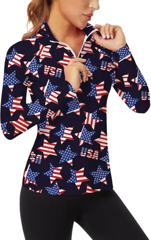 WOWENY Women's Long Sleeve Athletic Shirts Quarter Zip Pullover Collared T-Shirt Workout Print Tennis Top