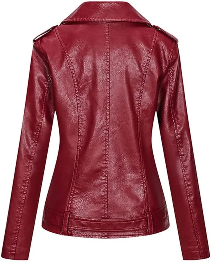 Wvapzxx Leather Jacket Women Autumn Coat Motorcycle Moto Biker Zipper Jacket Blue Black Khaki