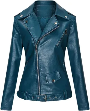 Wvapzxx Leather Jacket Women Autumn Coat Motorcycle Moto Biker Zipper Jacket Blue Black Khaki