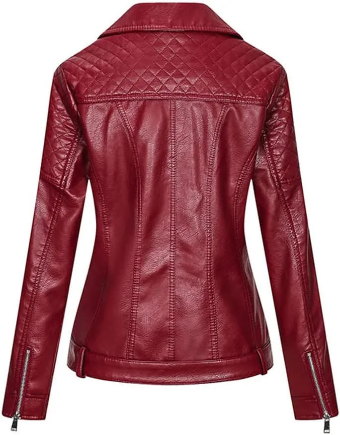 Wvapzxx Leather Jacket Women Spring Moto Biker Zipper Jacket Ladies Red Black Faux Leather Coat