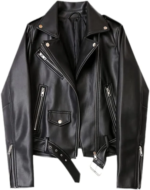 Wvapzxx Spring Autumn Moto Biker Faux Leather Jacket Women Streetweer Slim Coat Leather Outwear with Belt