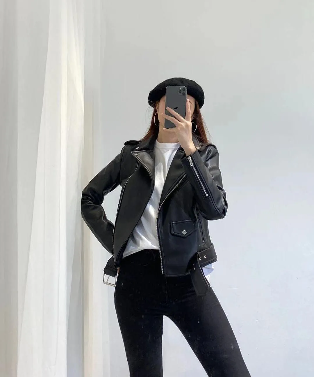 Wvapzxx Spring Autumn Moto Biker Faux Leather Jacket Women Streetweer Slim Coat Leather Outwear with Belt