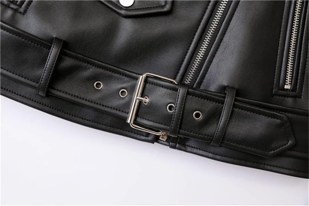 Wvapzxx Spring Autumn Moto Biker Faux Leather Jacket Women Streetweer Slim Coat Leather Outwear with Belt