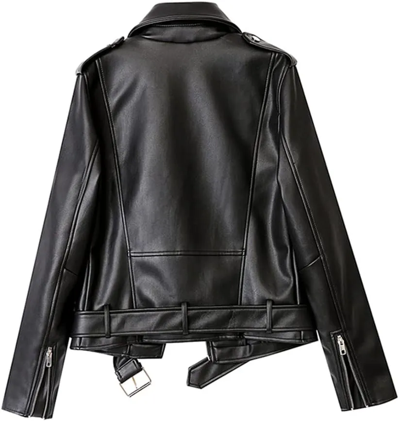 Wvapzxx Spring Autumn Moto Biker Faux Leather Jacket Women Streetweer Slim Coat Leather Outwear with Belt