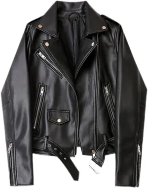 Wvapzxx Spring Autumn Moto Biker Faux Leather Jacket Women Streetweer Slim Coat Leather Outwear with Belt