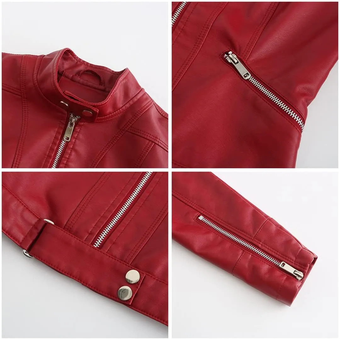 Wvapzxx Women's Leather Jacket Autumn Spring Moto Biker Zipper Jacket Coat