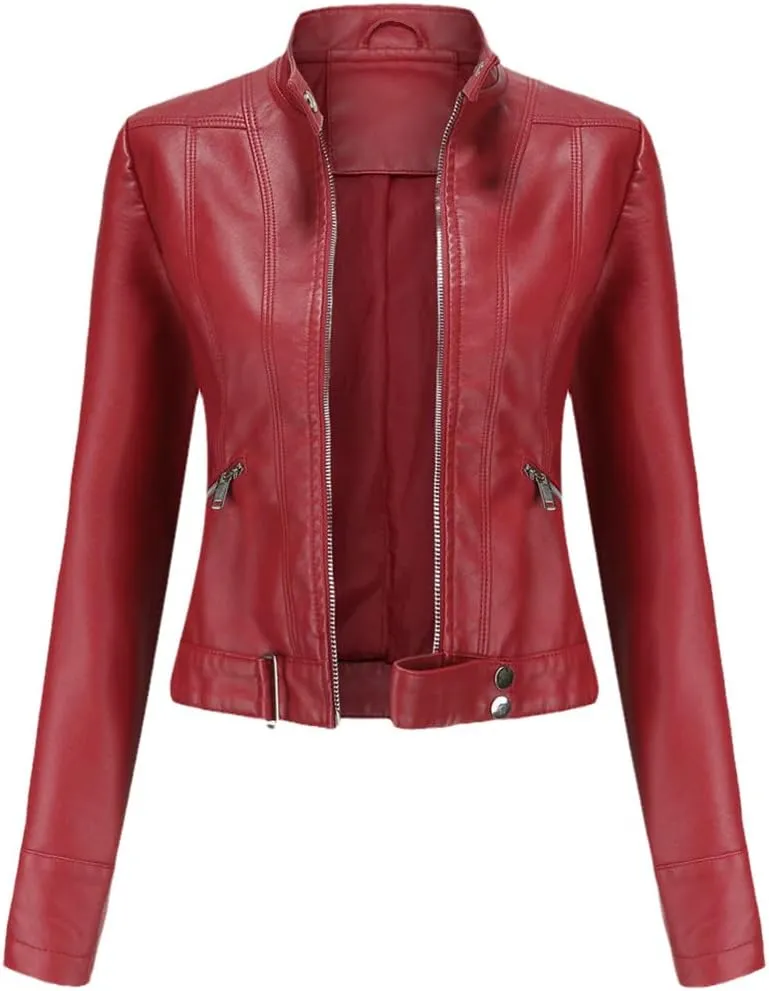 Wvapzxx Women's Leather Jacket Autumn Spring Moto Biker Zipper Jacket Coat