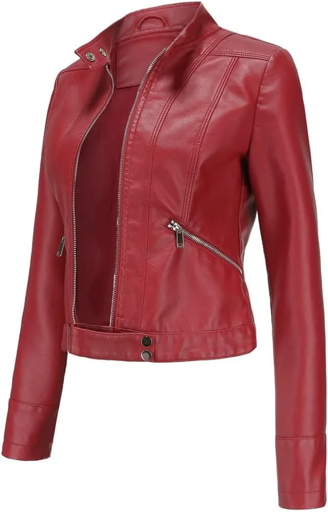 Wvapzxx Women's Leather Jacket Autumn Spring Moto Biker Zipper Jacket Coat