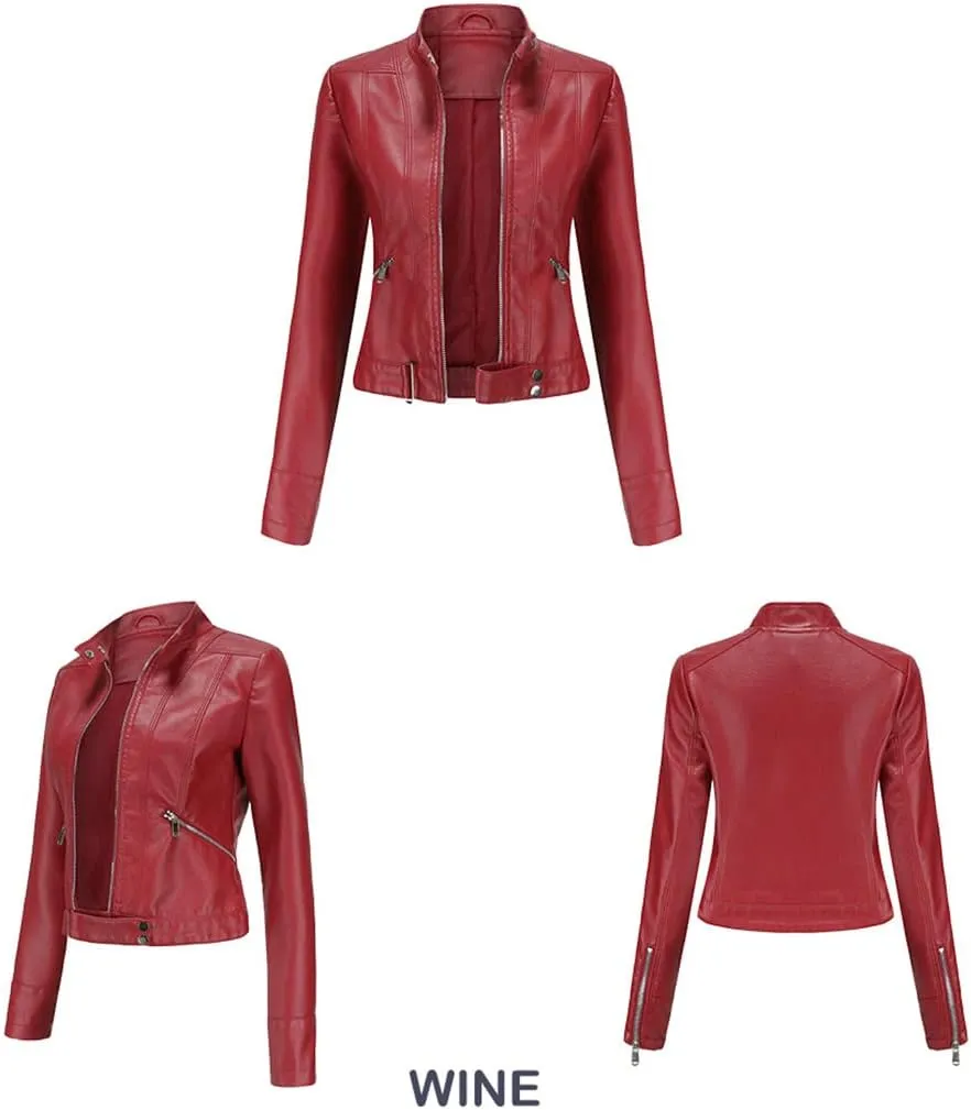 Wvapzxx Women's Leather Jacket Autumn Spring Moto Biker Zipper Jacket Coat