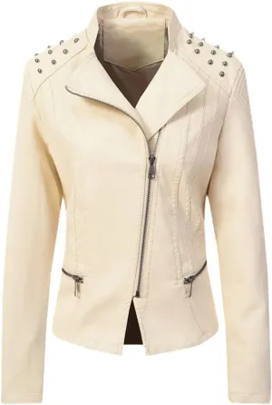 Wvapzxx Women's Leather Jacket Rivet Motorcycle Moto Biker Zipper Jacket Female Coat
