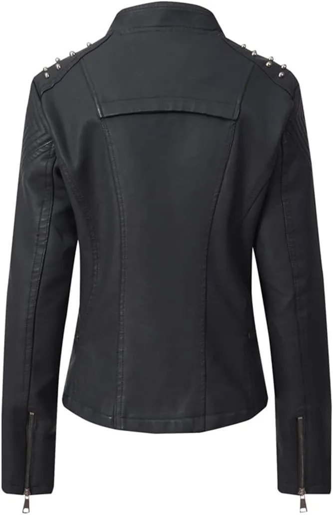 Wvapzxx Women's Leather Jacket Rivet Motorcycle Moto Biker Zipper Jacket Female Coat