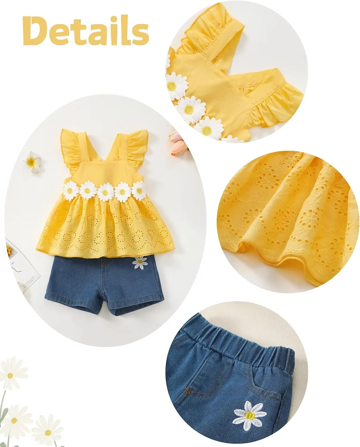 XUANHAO Baby Girl Clothes Toddler Girls Summer Outfits Infant Girls' Clothing Cute Ruffle Tops Daisy Shorts Sets 9M-3T