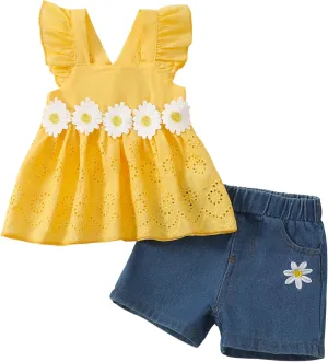 XUANHAO Baby Girl Clothes Toddler Girls Summer Outfits Infant Girls' Clothing Cute Ruffle Tops Daisy Shorts Sets 9M-3T