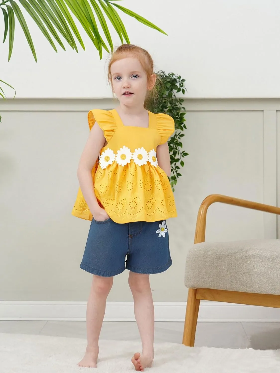 XUANHAO Baby Girl Clothes Toddler Girls Summer Outfits Infant Girls' Clothing Cute Ruffle Tops Daisy Shorts Sets 9M-3T