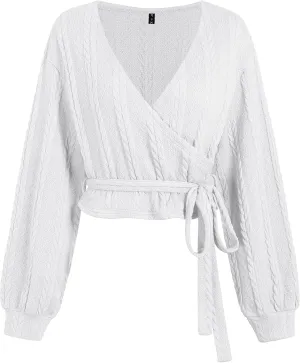 ZAFUL Women's V Neck Sweater Lantern Long Sleeve Pullover Cable Knit Cross Crop Top Casual Tie Wrap Tunic Jumper Blouses